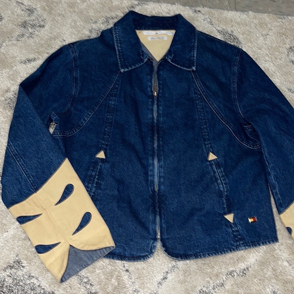 VINTAGE Tommy Hilfiger Denim Zip Jacket With Creme Suede Cuffs
